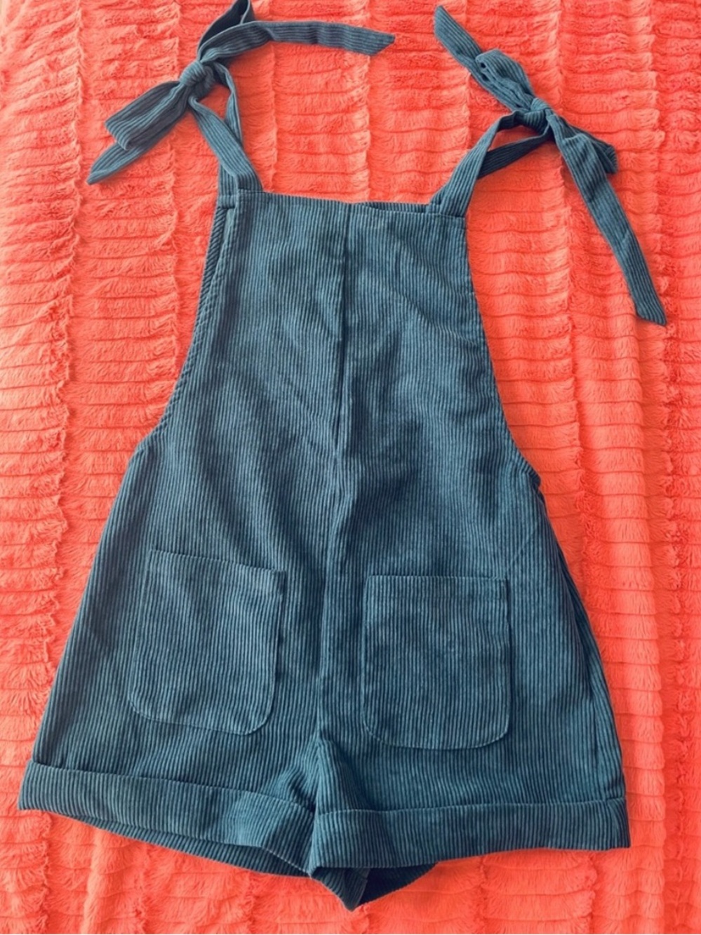 SHEIN Teal Corduroy Tie-Shoulder Shortalls